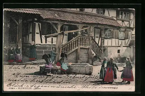 AK Busweiler, Frauen und Kinder am Brunnen