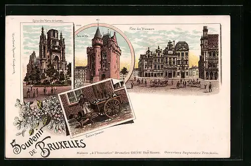Lithographie Brüssel / Bruxelles, Hotel des Brasseurs, Porte de Hal, Laitière flamande