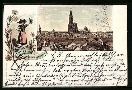 Lithographie Strassburg, Panorama mit Münster