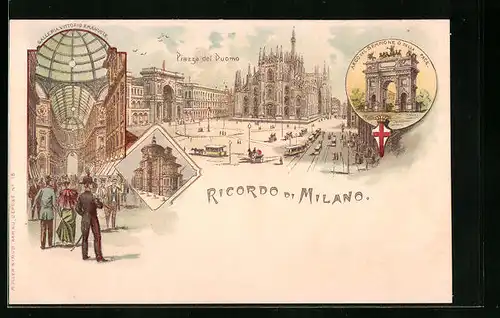 Lithographie Milano, Piazza del Duomo, Arco del Sempione o della Pace