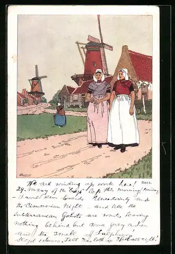 Künstler-AK Goes, Strassenpartie mit Windmühlen, Holländerinnen in Tracht