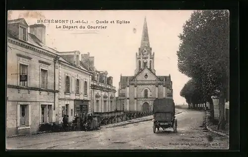 AK Bréhémont, Quais et Eglise, Le Départ du Courrier