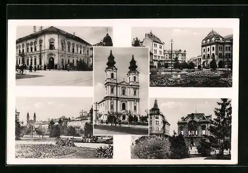 AK Szabadka, Strassenpartie mit Gebäudeansicht, Kirche, Ortspartie