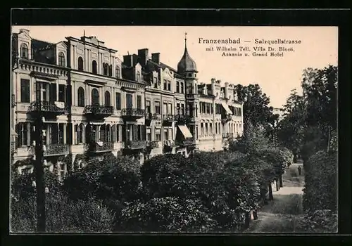 AK Franzensbad, Salzquellstrasse mit Wilhelm Tell, Villa Dr. Bloch, Askania u. Grand Hotel