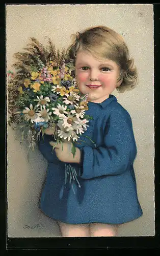 Künstler-AK Fritz Baumgarten: Blondes Mädchen im blauen Kleid mit Blumenstrauss