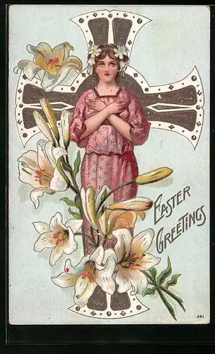 Präge-AK Ostergrüsse mit einer jungen Frau im pinken Kleid und Frühblühern, Jugendstil
