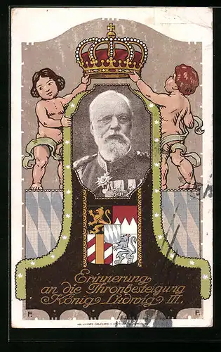 AK Ganzsache Bayern PP27D2: König Ludwig III. im Portrait, Wappen, Krone