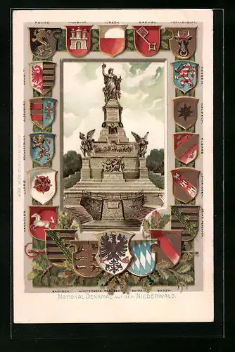Passepartout-Lithographie Niederwald, Frontalansicht des Nationaldenkmals, Wappen