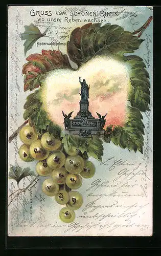 Passepartout-Lithographie Niederwald, Spitze des Nationaldenkmals, Weinblatt