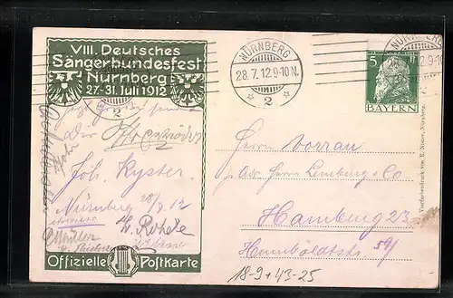AK Ganzsache Bayern: Nürnberg, Deutsches Sängerfest 1912, Wappen