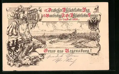 AK Ganzsache Bayern: Regensburg: Ausstellung, Deutscher Philatelistentag 1905, Wappen