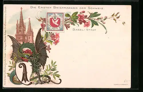 Lithographie Basel, Münster mit Basilisk, Basler Stab, Private Stadtpost