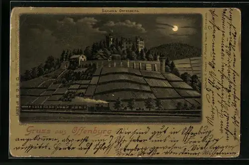 Lithographie Offenburg, Schloss Ortenberg bei Mondschein