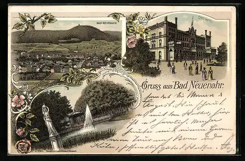 Lithographie Bad Neuenahr, Kurhotel, Uferpartie mit Pavillon u. Fontäne, Teilansicht
