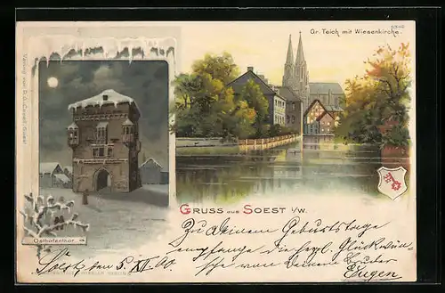 Lithographie Soest i /W., Osthofentor im Schnee bei Vollmond, Gr. Teich mit Wiesenkirche