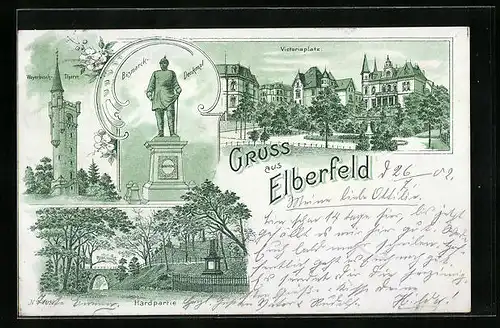 Lithographie Elberfeld, Victoriaplatz, Hardpartie, Bismarck-Denkmal