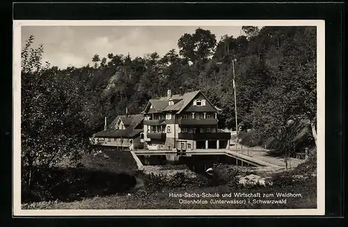 AK Unterwasser /Ottenhöfen i. Schwarzwald, Hans-Sachs-Schule und Wirtschaft zum Waldhorn