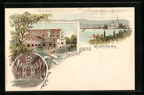 Lithographie Konstanz, Hôtel Entrée, Inneres Speisesaal, Teilansicht von der Seestrasse
