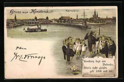 Lithographie Konstanz, Teilansicht mit Dampfer und Froschchor