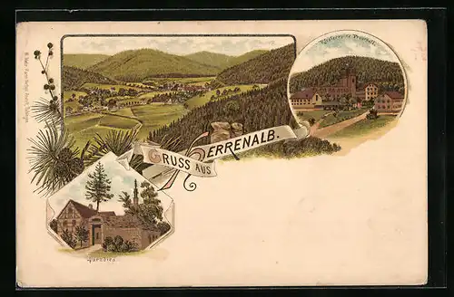 Lithographie Herrenalb, Teilansicht, Klosterruine Frauenalb, Paradies