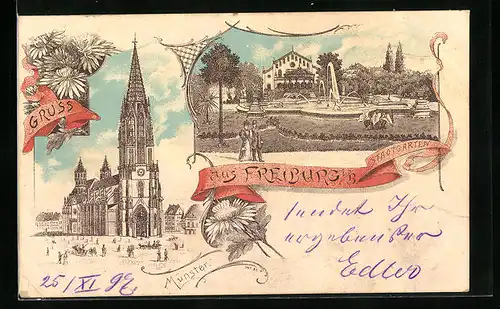 Lithographie Freiburg i /B., Münster, Stadtgarten