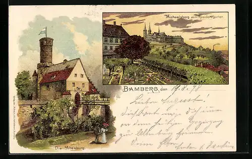Lithographie Bamberg, Michaelsberg vom Residenzgarten, Die Altenburg