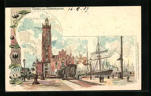 Lithographie Bremerhaven, Hafen mit Leuchtturm und Schiffen