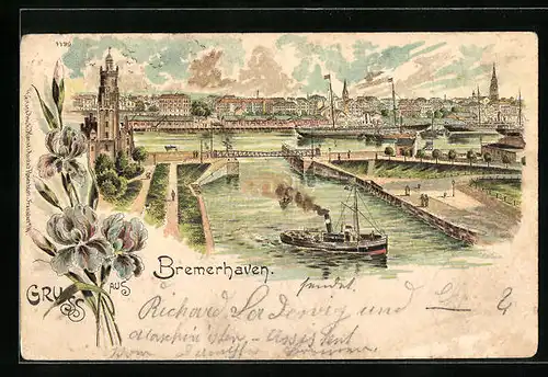Lithographie Bremerhaven, Teilansicht mit Brücke und Dampfer