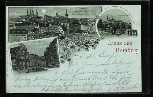 Mondschein-Lithographie Bamberg, Teilansicht vom Turme des Oberlandesgerichts, Michaelsberg, Martinskirche