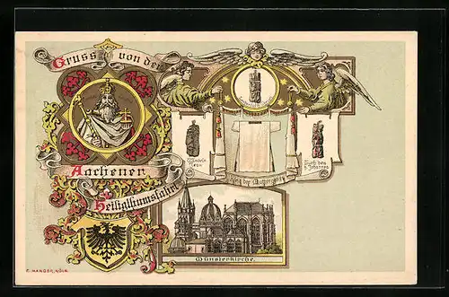 Lithographie Aachen, Aachener Heiligtumsfahrt, Münsterkirche, Windeln Jesu, Tuch des h. Johannes