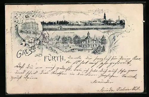 AK Fürth i. B., Logen-Gebäude, Stadt-Park, Panorama