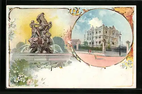 Lithographie Fürth i. B., Gebäude der Freimaurer-Loge, Kunstbrunnen