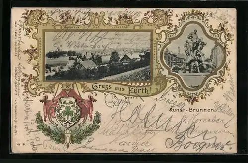 AK Fürth i. B., Kunst-Brunnen, Gebäudepartie, Wappen