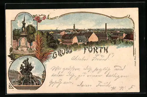 Lithographie Fürth i. B., Kunstbrunnen, Kriegerdenkmal, Blick über die Dächer der Stadt