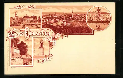 Lithographie Erlangen, Universitäts-Collegien, Kunst-Brunnen