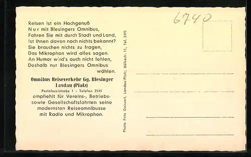 AK Landau /Pfalz, Omnibus Reiseverkehr Gg. Blesinger
