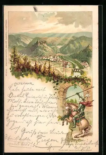 Lithographie Altenahr, Panoramablick auf den Ort, Ritter auf Pferd mit verbundenen Augen