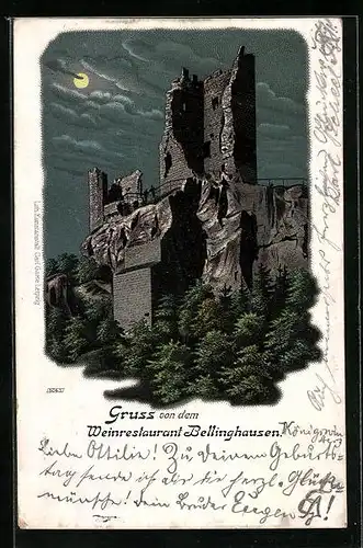 Lithographie Königswinter a. Rh., Weinrestaurant Bellinghausen, Drachenfels bei Vollmond