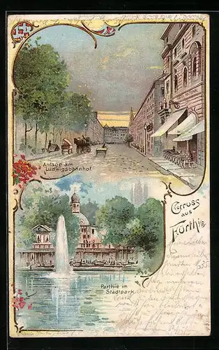 Lithographie Fürth i. B., Hotel National am Ludwigsbahnhof, Partie im Stadtpark