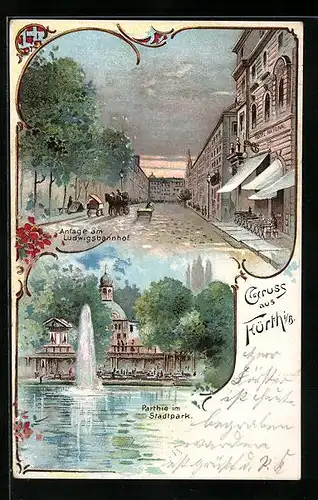 Lithographie Fürth i. B., Hotel National am Ludwigsbahnhof, Cafe im Stadtpark