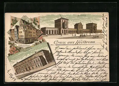 Lithographie Heilbronn, Käthchenhaus, Bahnhof, Harmonie