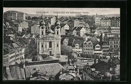 AK Karlsbad, Totalansicht mit katholischer Kirche