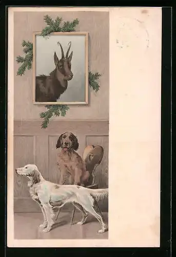 Künstler-AK M. Munk Nr. 709: Gämse im Portrait, Zwei posierende Hunde