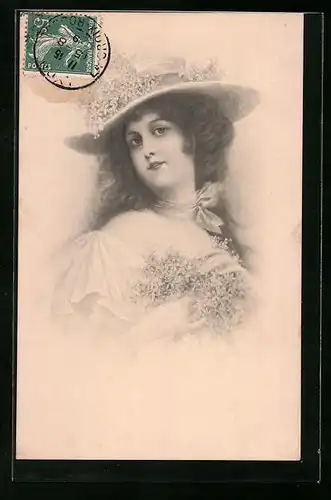 Künstler-AK M. Munk Nr. 322: Junge Dame mit Blumengesteck in der Hand und am Hut