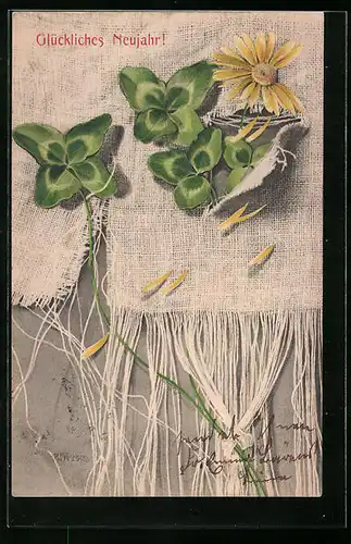 Künstler-AK M. Munk Nr. 164: Neujahrsgrüsse mit vierblättrigen Kleeblättern und Sonnenhut