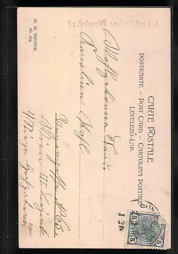 Künstler-AK M. Munk Nr. 164: Neujahrsgrüsse mit in Stoff eingewicktelten Kleeblättern