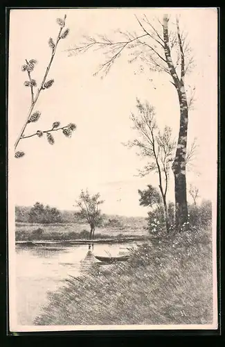 Künstler-AK M. Munk Nr. 183: Uferpartie eines Flusses im Frühling