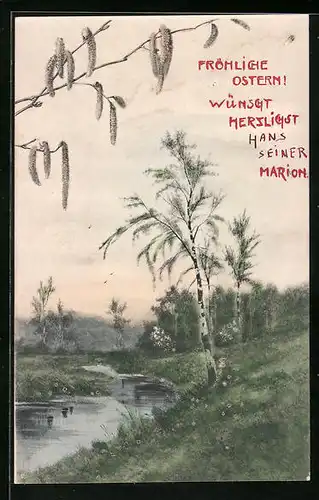 Künstler-AK M. Munk Nr. 183: Ostergrüsse, Bachlauf mit blühenden Birken