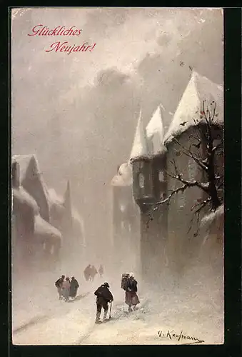 Künstler-AK M. Munk Nr. 236: Neujahrsgrüsse, Gang durch die Stadt während eines Schneesturmes