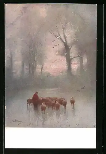 Künstler-AK M. Munk Nr. 326: Schäfer führt seine Herde durch das kalte Winterwetter